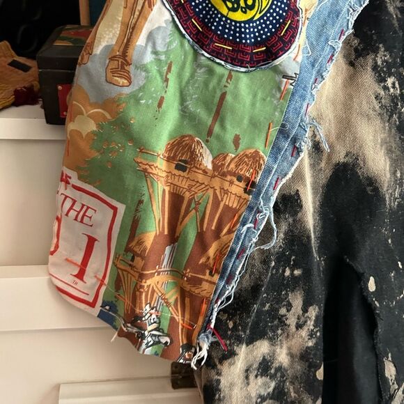 Patchwork Denim Jumper Skirt Upcycled Overall Dress Painted One of a Kind OS - Picture 3 of 16